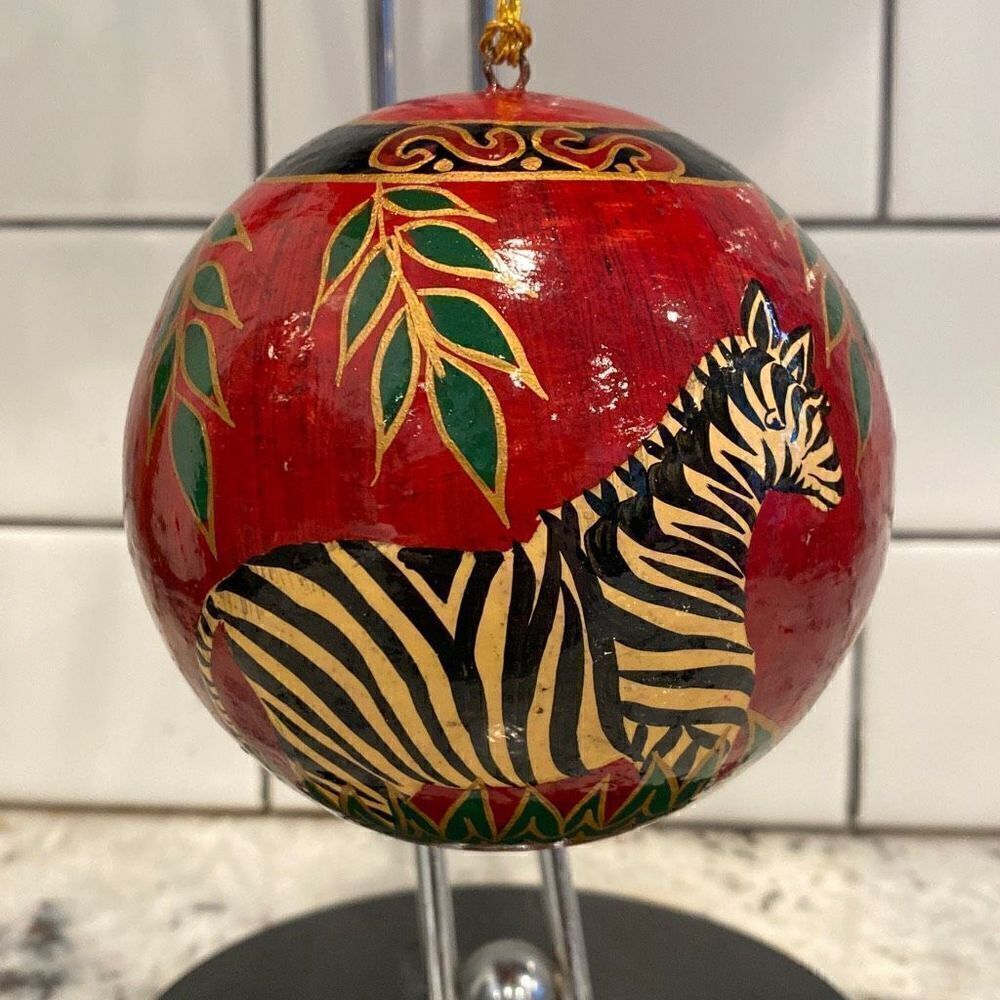 ZEBRA Ornament Hand Painted Globe India Red Black Tan Green & Tassel 3.75”